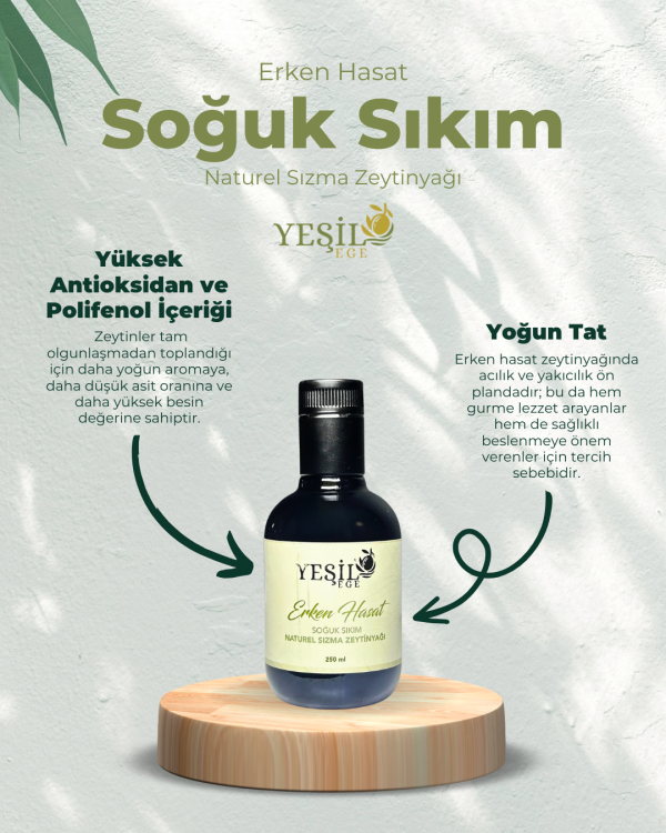 Yeşil Ege Erken Hasat Soğuk Sıkım Naturel Sızma Zeytintağı 250 ML Cam Şişe